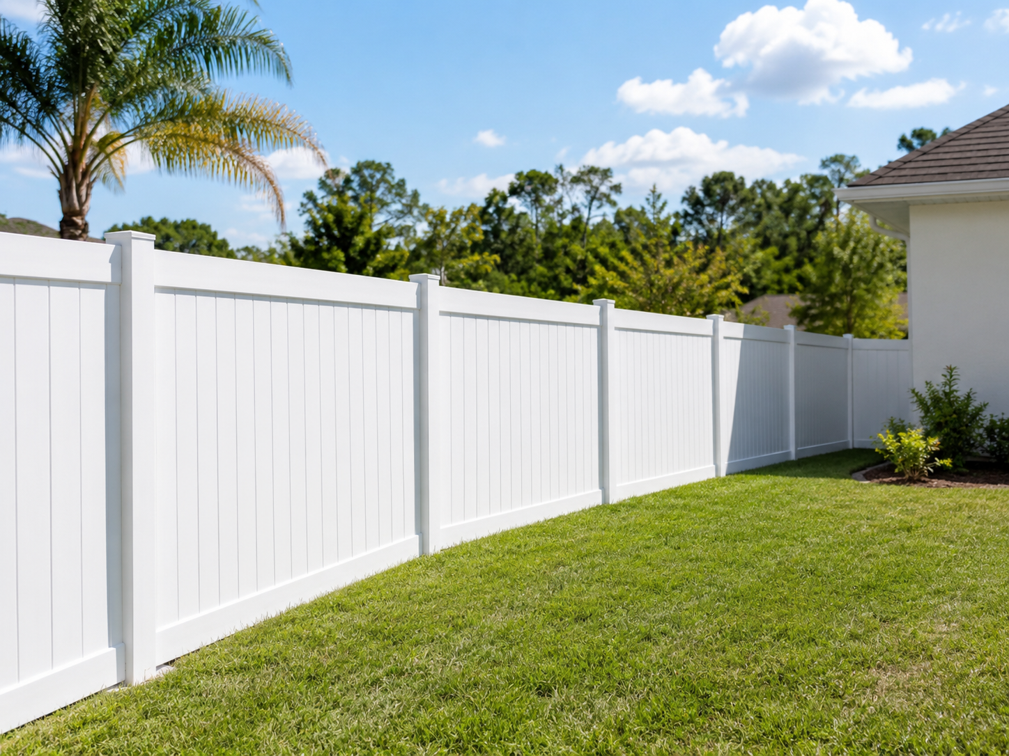 Pensacola vinyl privacy fence installed around a residential backyard